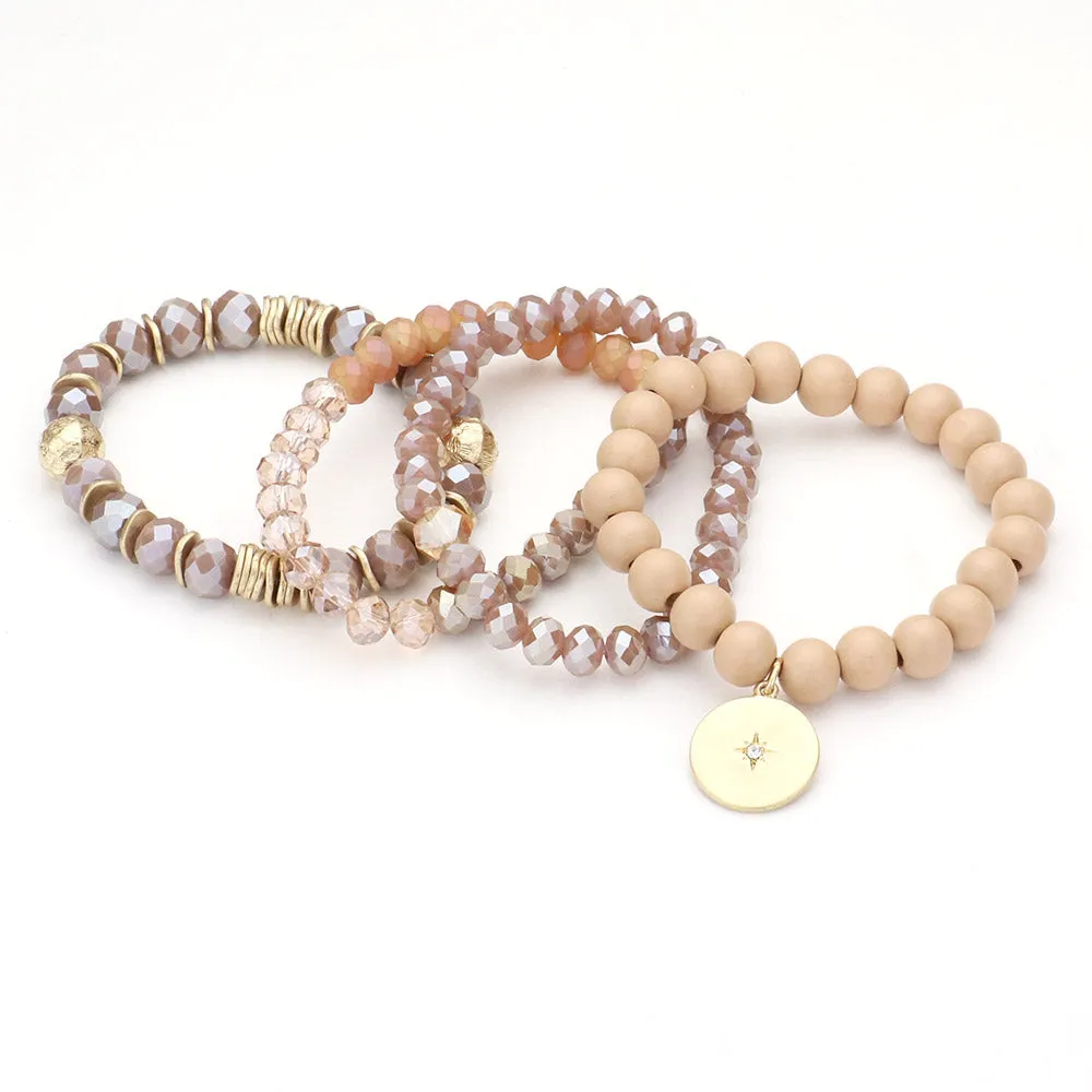 iLLASPARKZ 4PCS - North Star Accented Round Charm Wood Faceted Beaded Stretch Bracelets