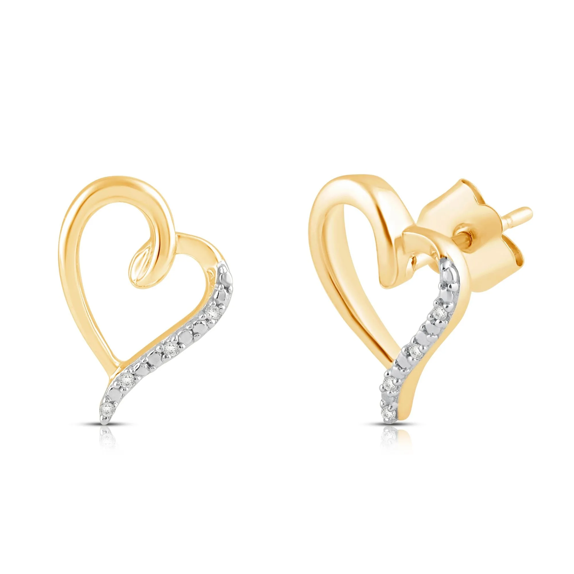 Jewelili 10K Yellow Gold Diamond Heart Stud Earrings