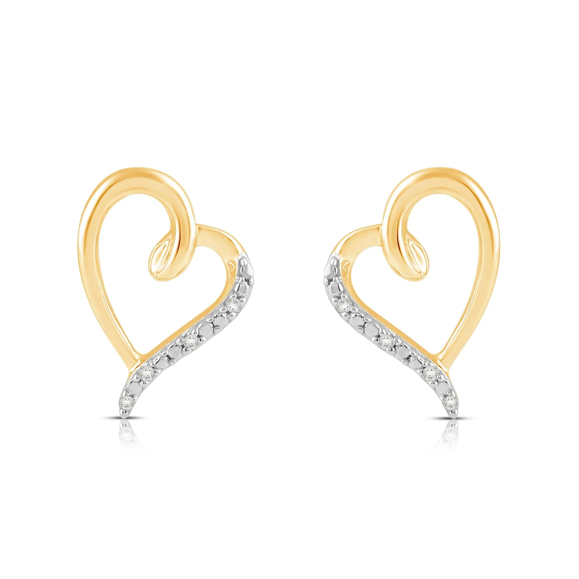 Jewelili 10K Yellow Gold Diamond Heart Stud Earrings