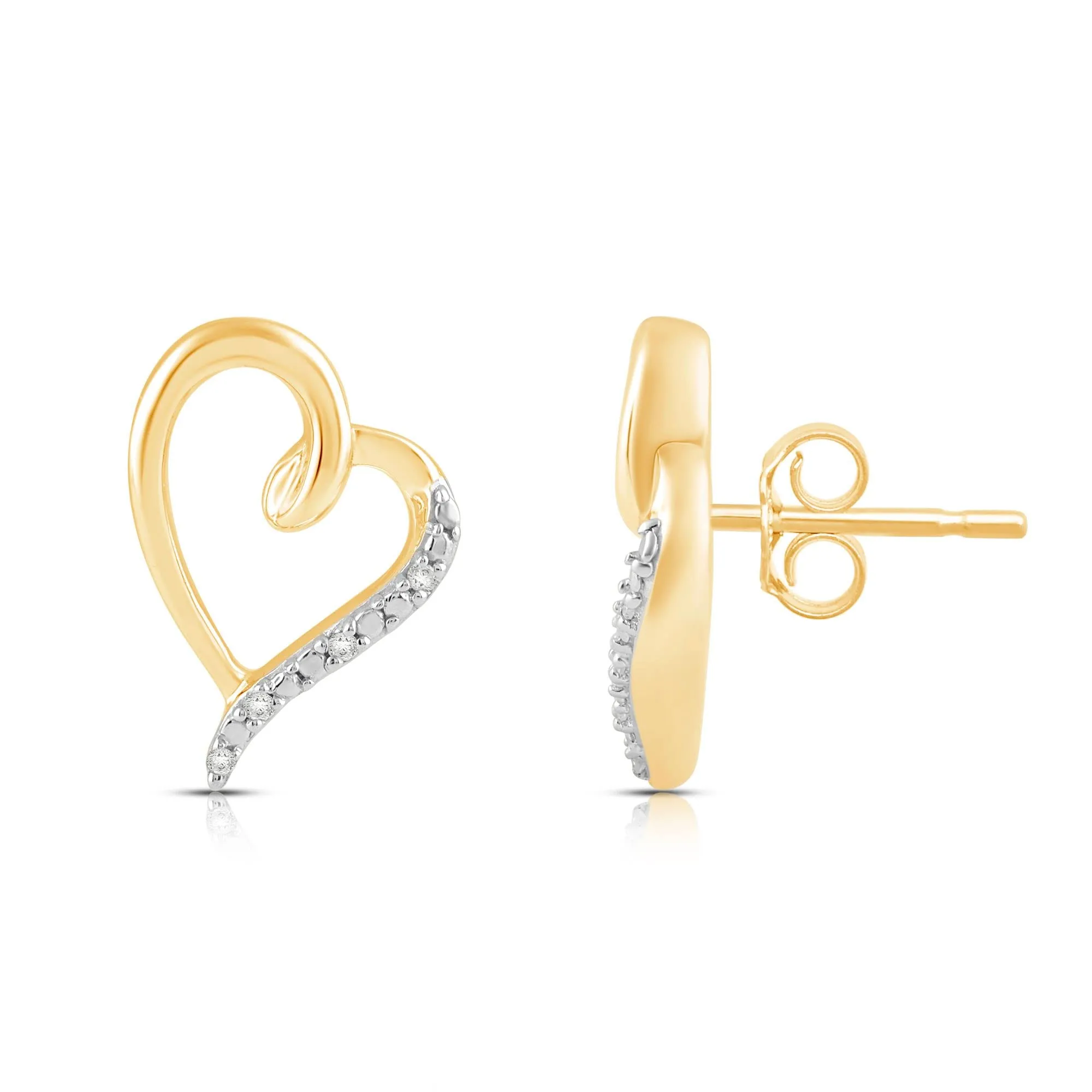 Jewelili 10K Yellow Gold Diamond Heart Stud Earrings