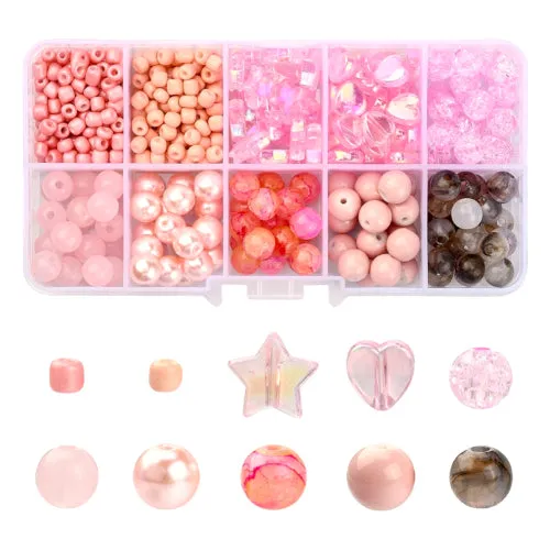 Jewelry Making Kit, Pink, Round, Stars, Hearts, Acrylic And Glass Beads