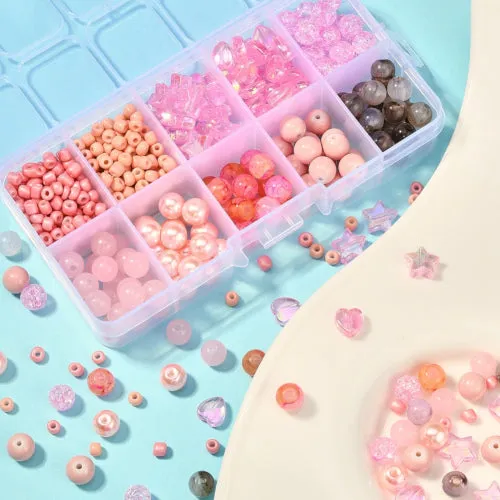 Jewelry Making Kit, Pink, Round, Stars, Hearts, Acrylic And Glass Beads