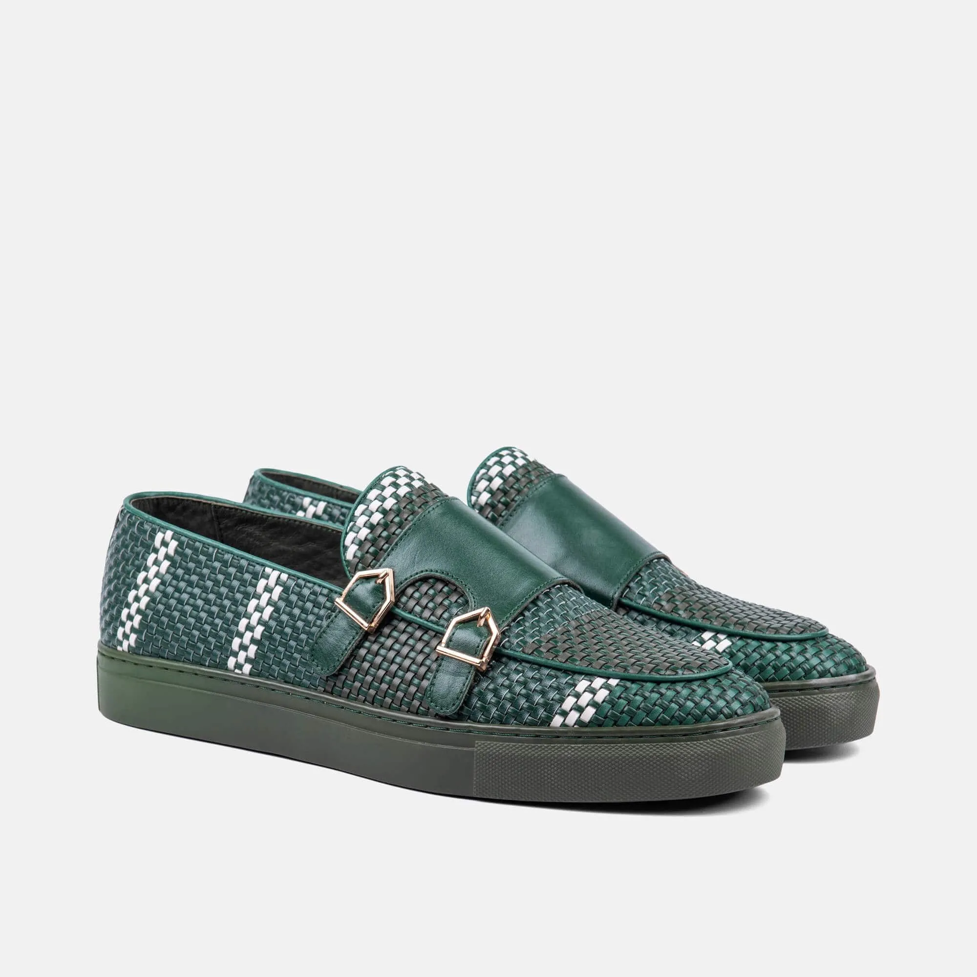 Kyler Woven Leather Monk Strap Sneakers - Seaweed