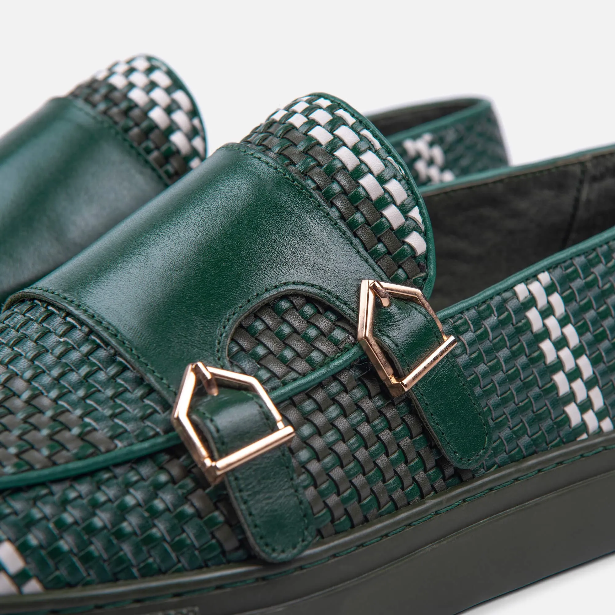 Kyler Woven Leather Monk Strap Sneakers - Seaweed