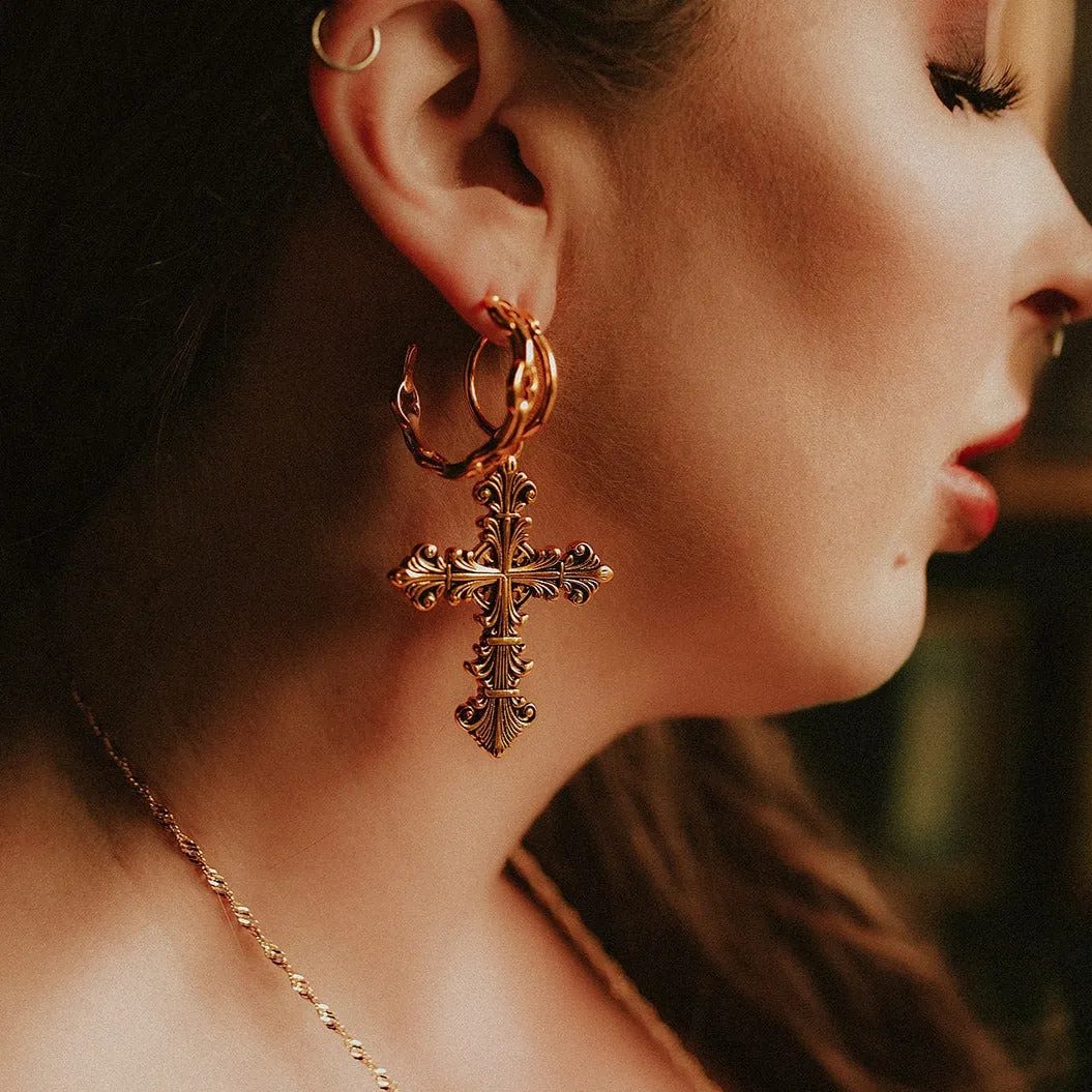 Lament Cross Hoop Earrings Gold