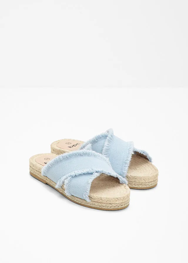 Light wash denim mules