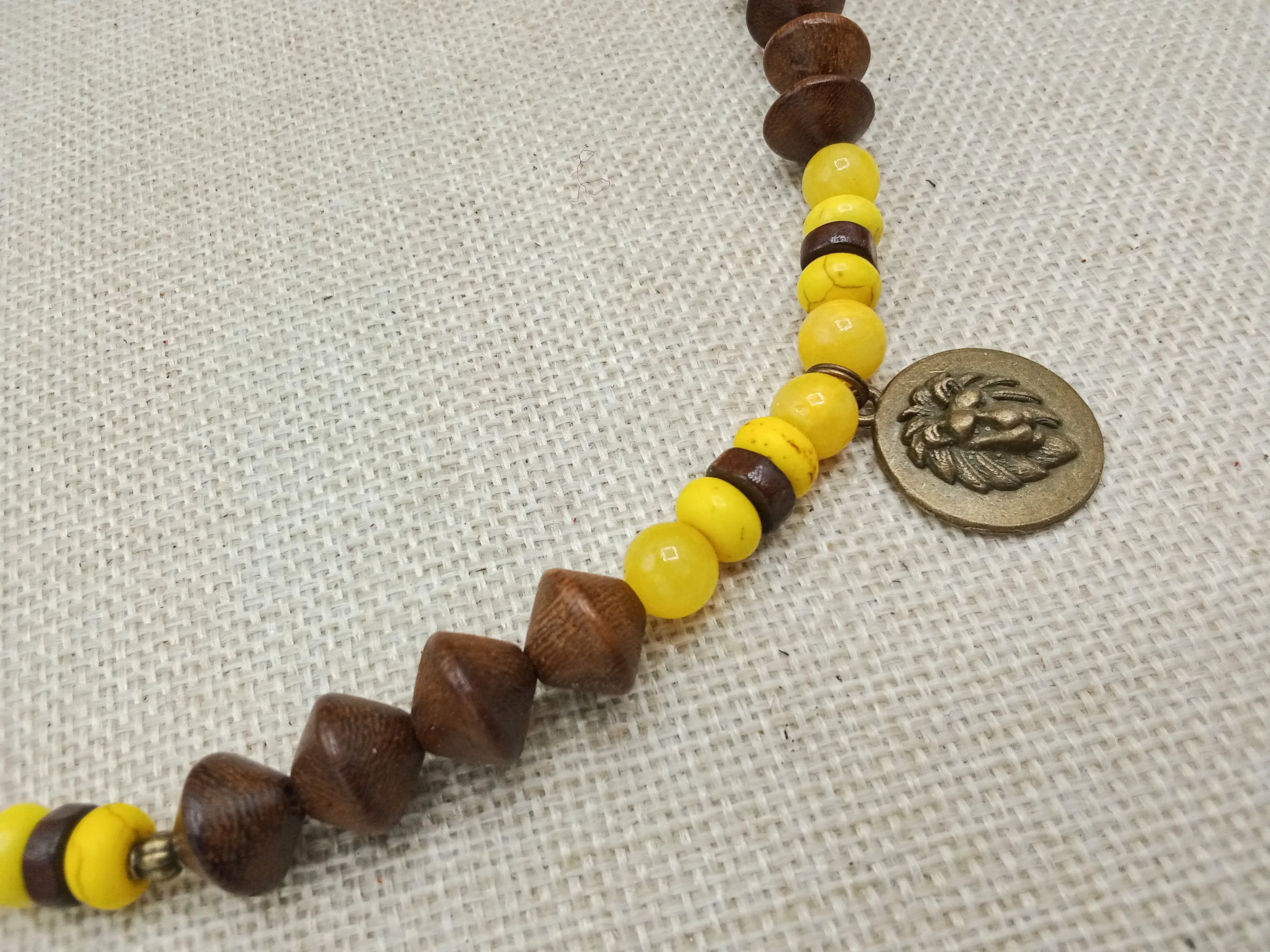 Lion Necklace Bronze Pendant Yellow Wooden Jewelry Gift Handmade Animal