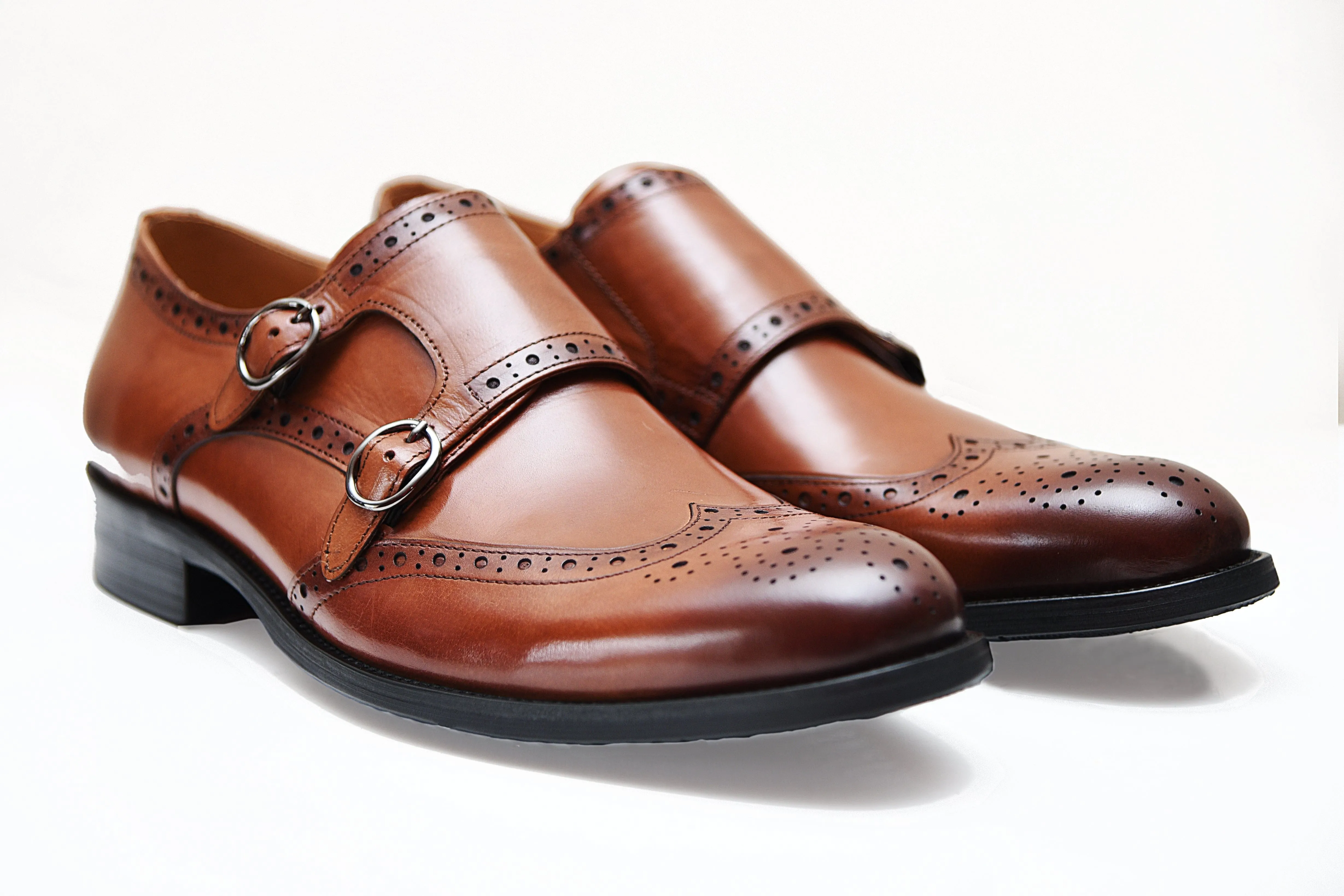 Lorraine brown brogue double monk strap shoes