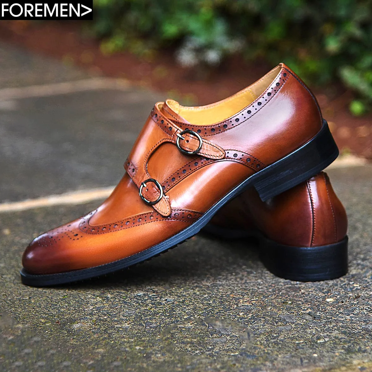 Lorraine brown brogue double monk strap shoes