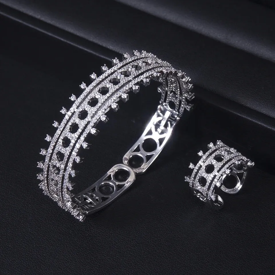 Luxury women's wedding jewelry set with bangle, ring, and earrings - fine Beads jewelry.