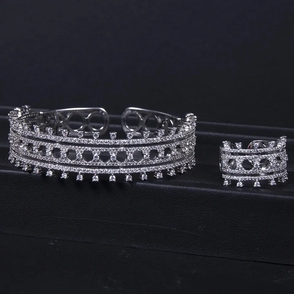 Luxury women's wedding jewelry set with bangle, ring, and earrings - fine Beads jewelry.