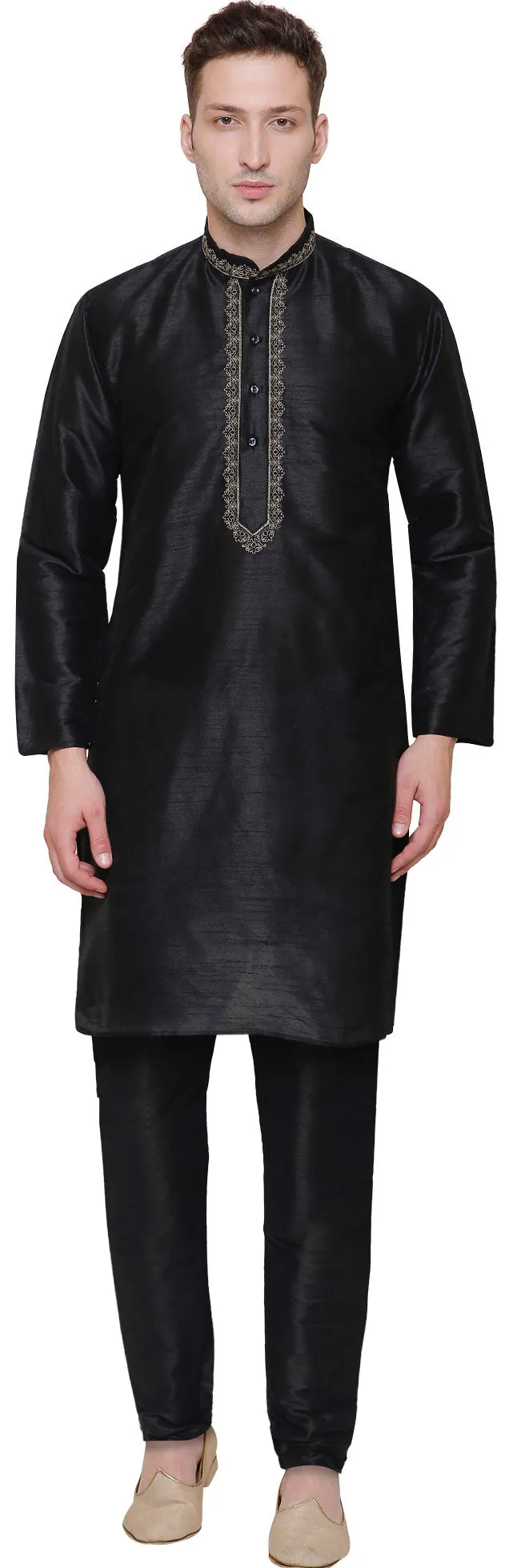 Mens Dupion Silk Kurta Pajama India Clothing (Black)