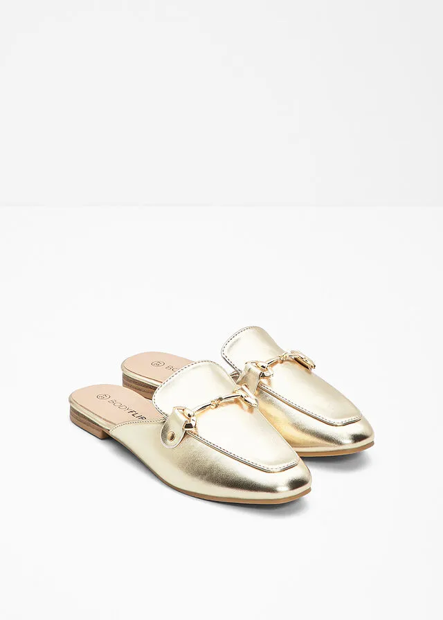 Metallic champagne mules.