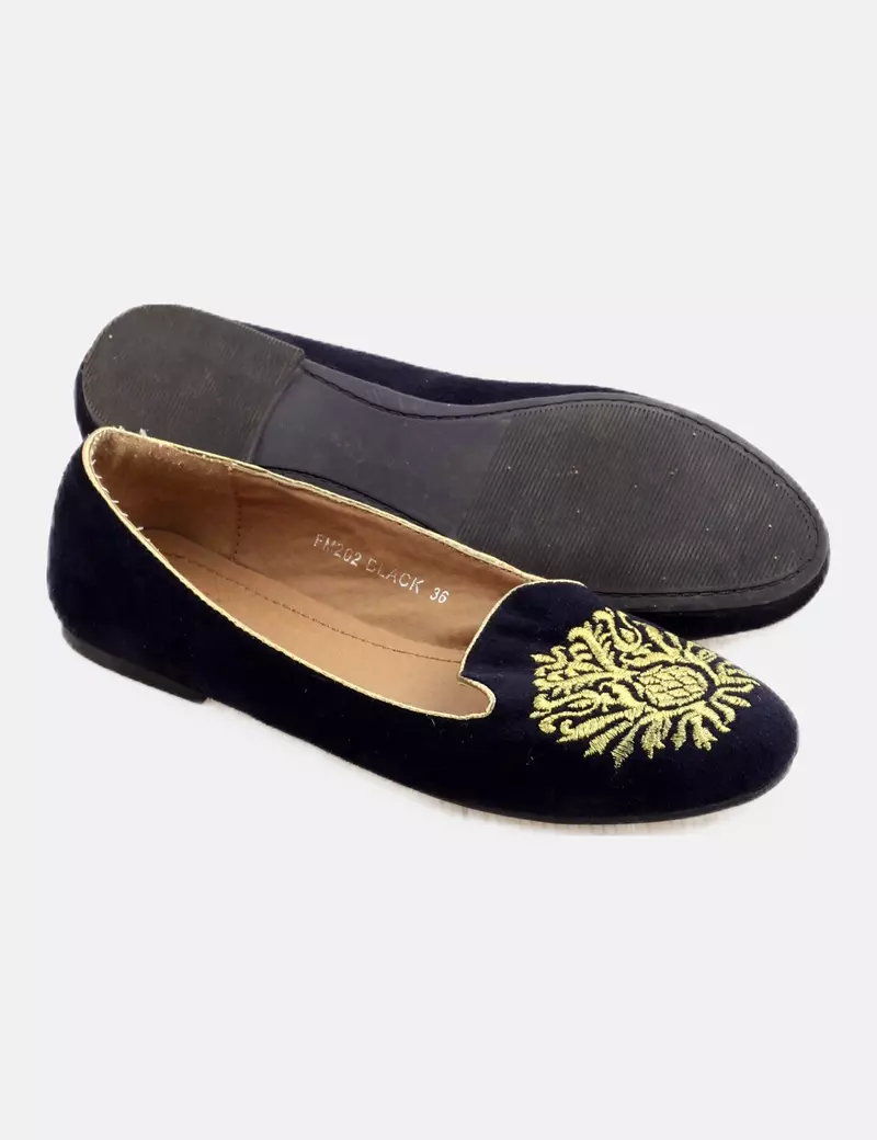 Navy Blue Embroidered Ballet Flats of Shoes