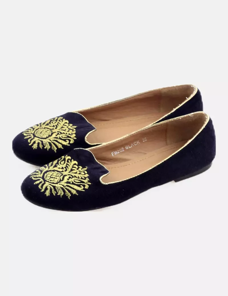 Navy Blue Embroidered Ballet Flats of Shoes