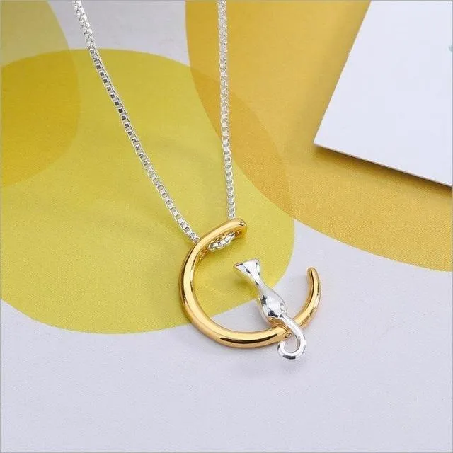 New Fashion Moon Cat Concise Metal  Pendant Necklaces