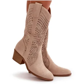 Openwork Women's Ankle Boots Cowboy Boots Heels Beige Iceda