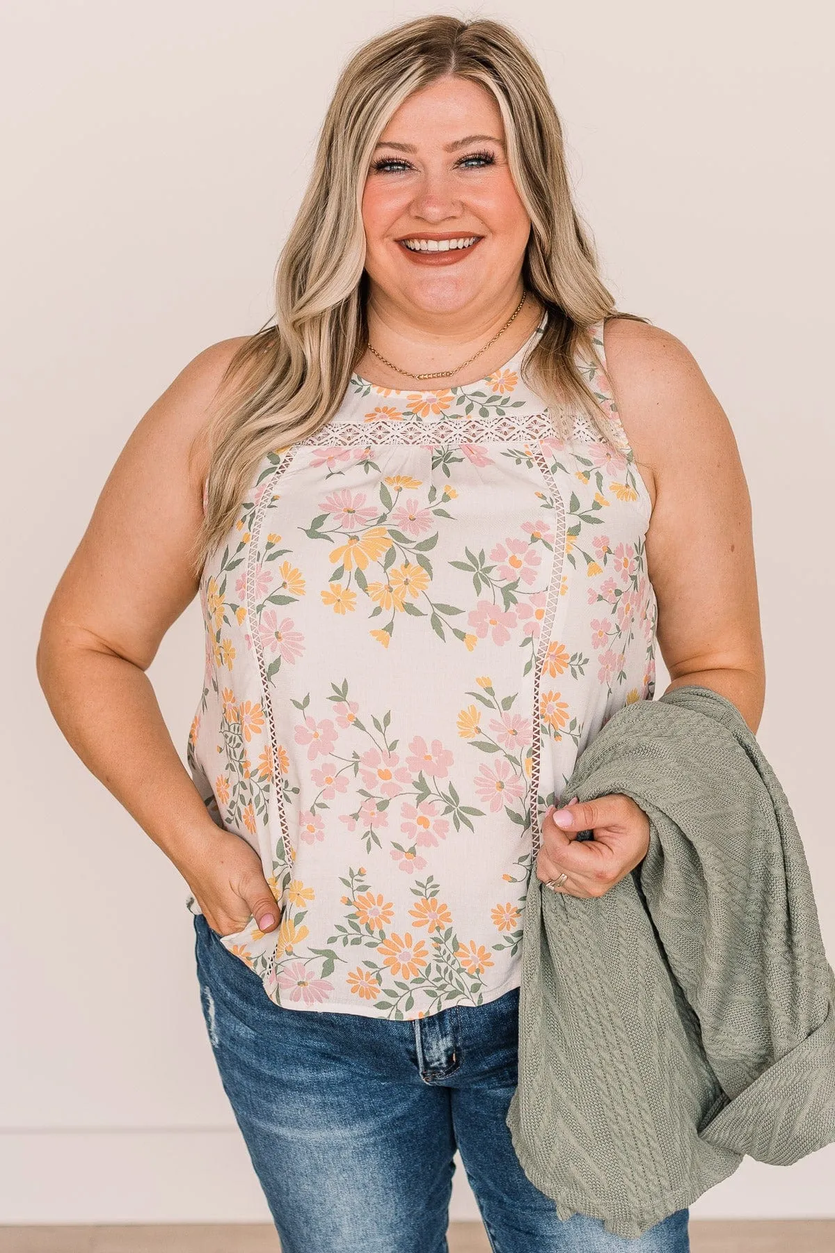 Rain Floral Crochet Tank Ivory