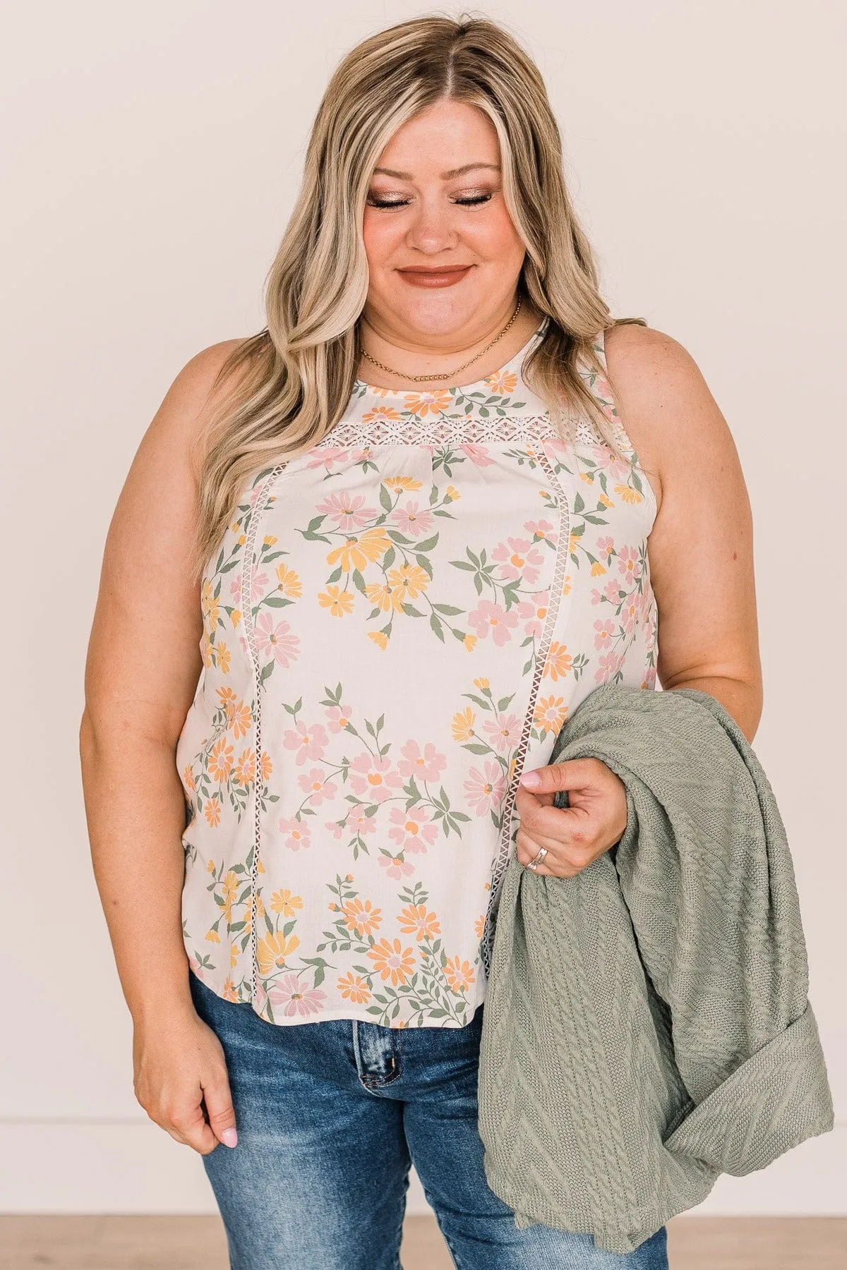 Rain Floral Crochet Tank Ivory