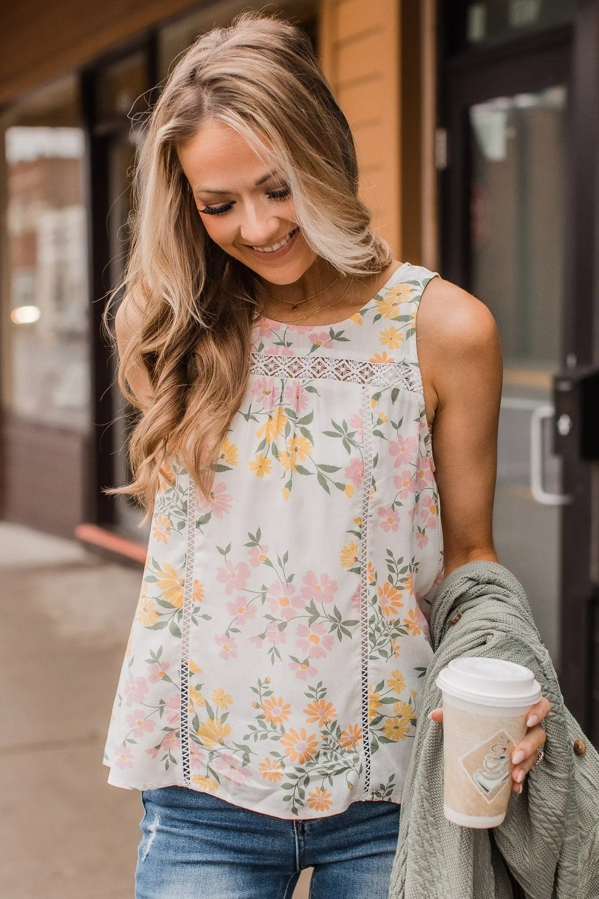 Rain Floral Crochet Tank Ivory