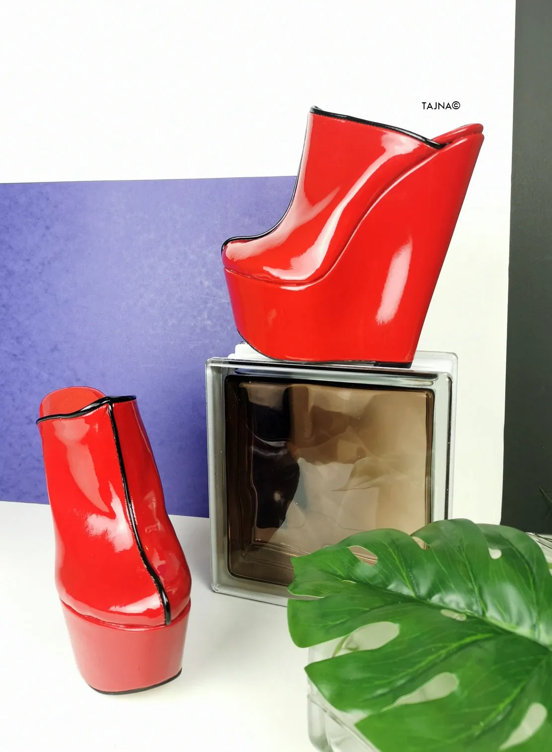 Result: Red Patent High Heel Wedge Mules - Trendy Women's Footwear