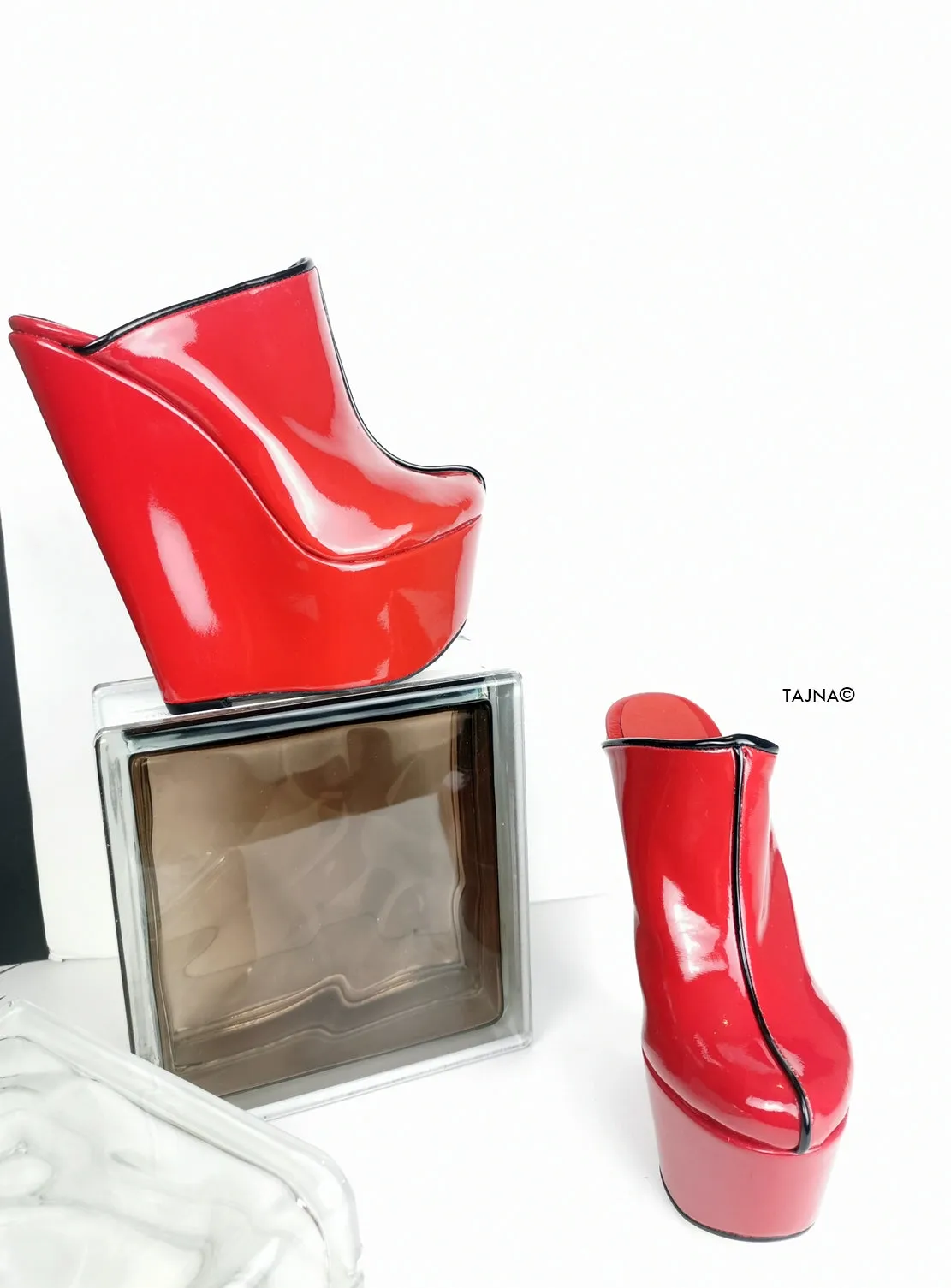 Result: Red Patent High Heel Wedge Mules - Trendy Women's Footwear