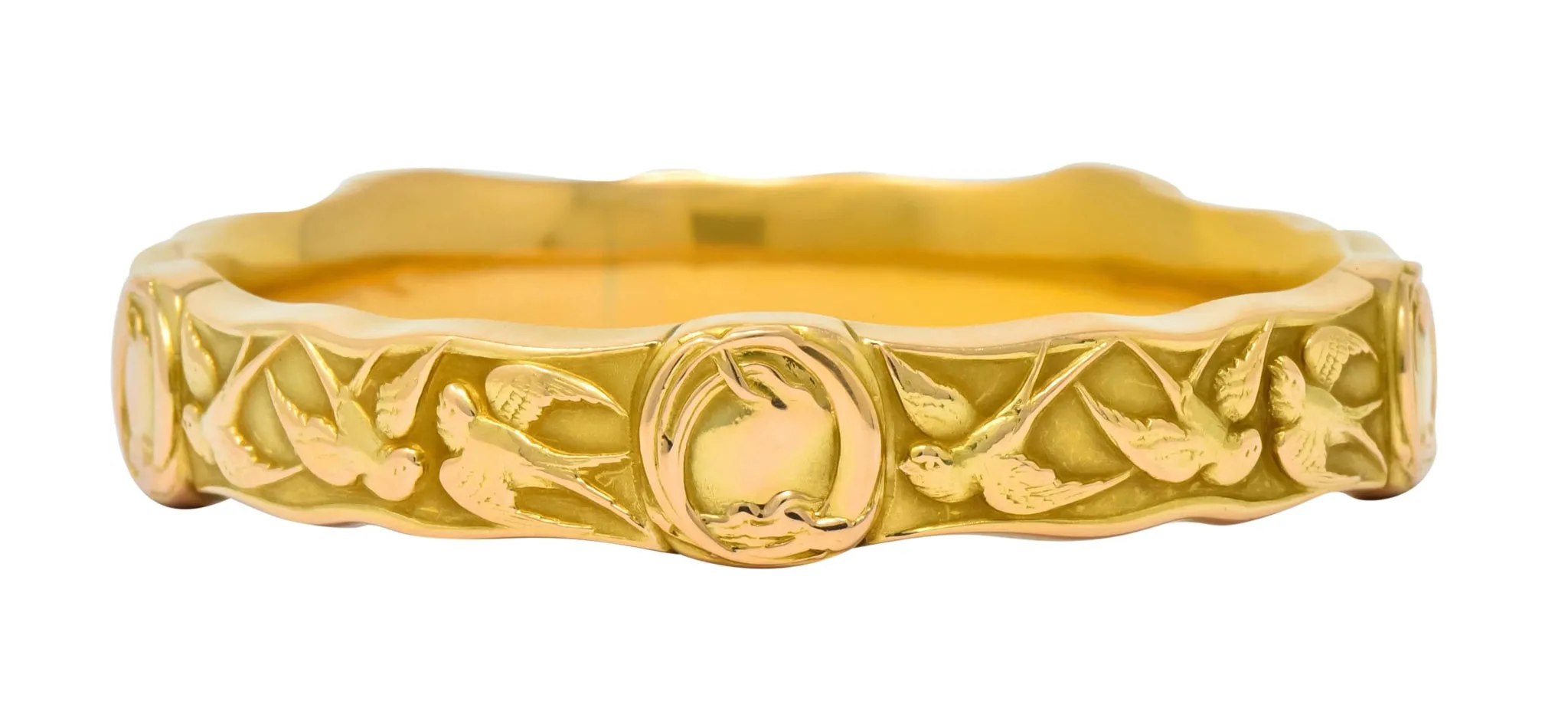 Riker Brothers Art Nouveau 14K Gold Swallow Birds Bangle Bracelet