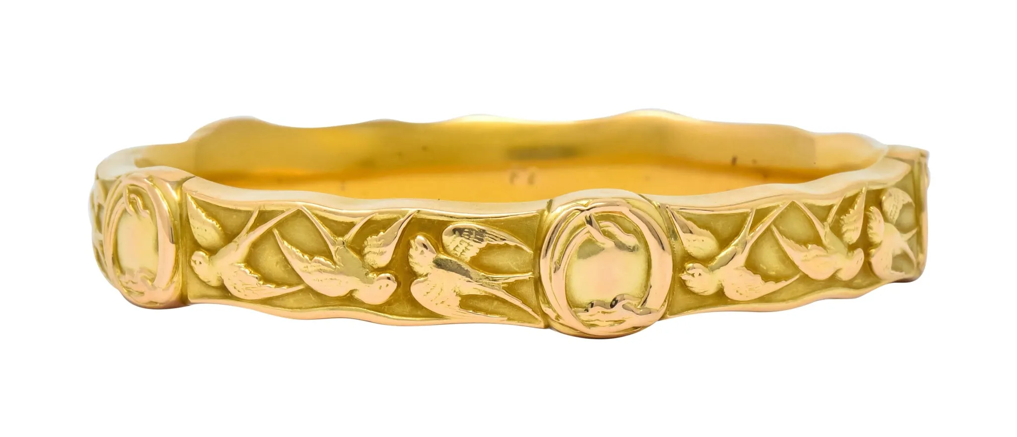 Riker Brothers Art Nouveau 14K Gold Swallow Birds Bangle Bracelet