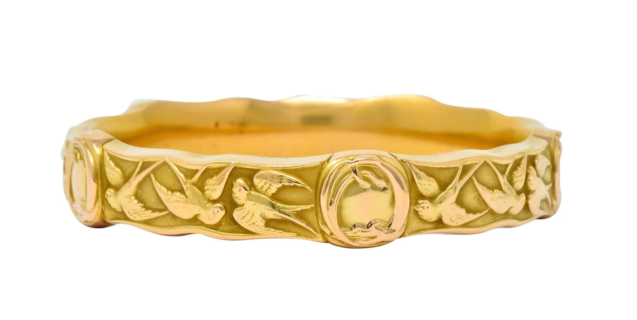 Riker Brothers Art Nouveau 14K Gold Swallow Birds Bangle Bracelet