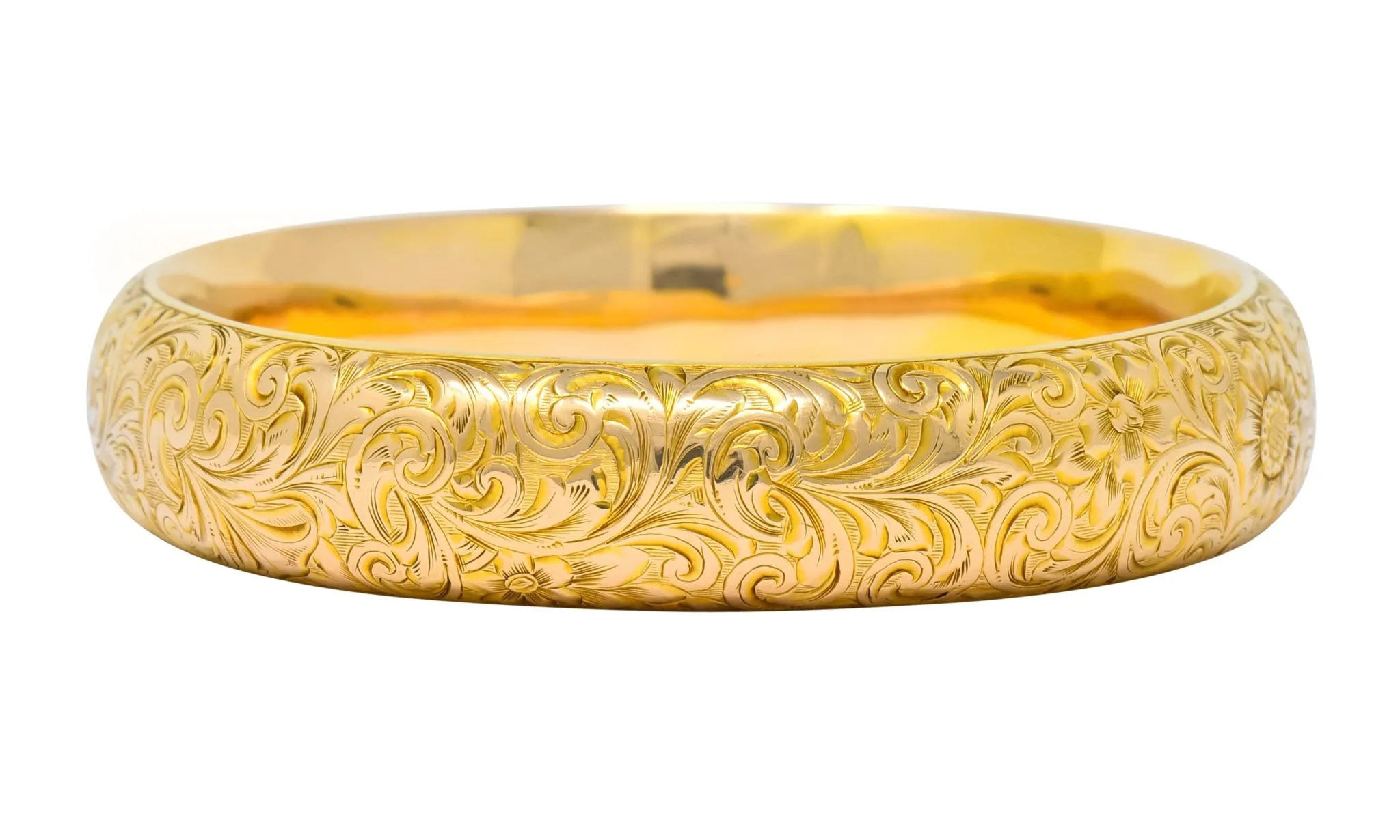 Riker Brothers Art Nouveau Bangle Bracelet | 14 Karat Gold | Foliate Floral Design | Circa 1900