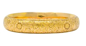 Riker Brothers Art Nouveau Bangle Bracelet | 14 Karat Gold | Foliate Floral Design | Circa 1900