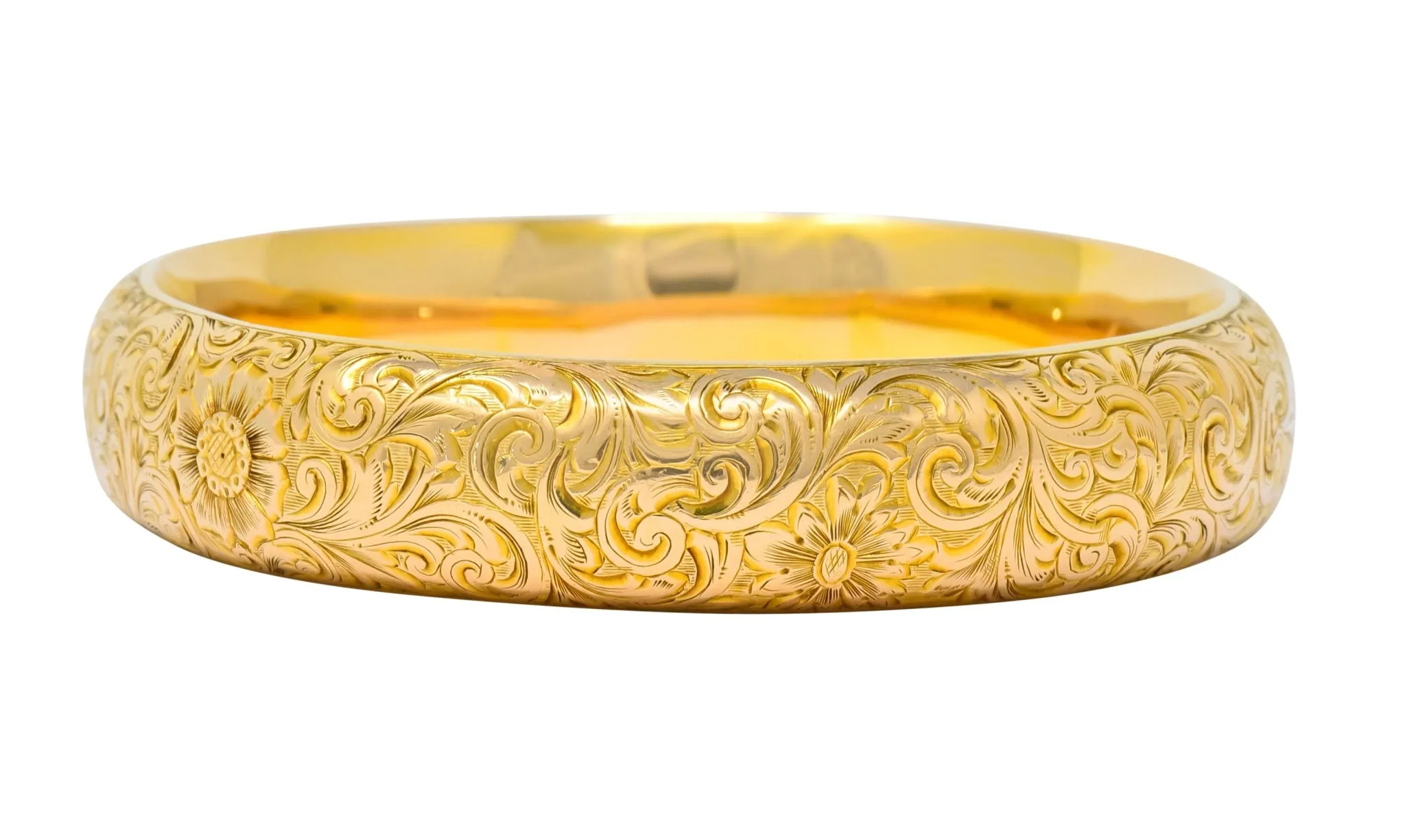 Riker Brothers Art Nouveau Bangle Bracelet | 14 Karat Gold | Foliate Floral Design | Circa 1900