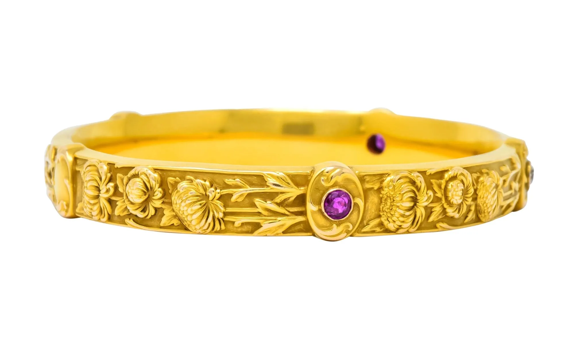 Riker Brothers Art Nouveau Diamond Ruby 14K Gold Floral Bangle Bracelet