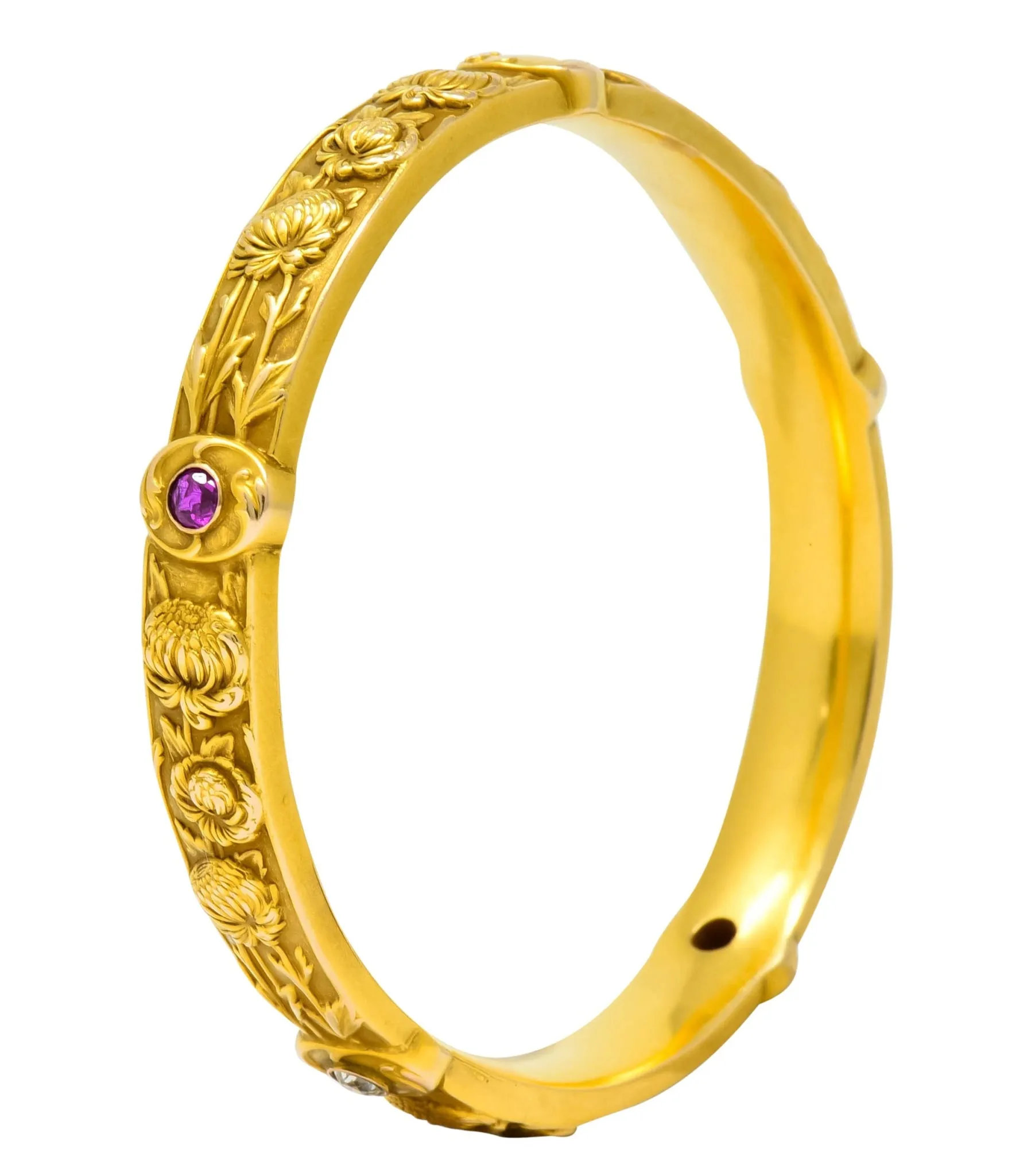 Riker Brothers Art Nouveau Diamond Ruby 14K Gold Floral Bangle Bracelet