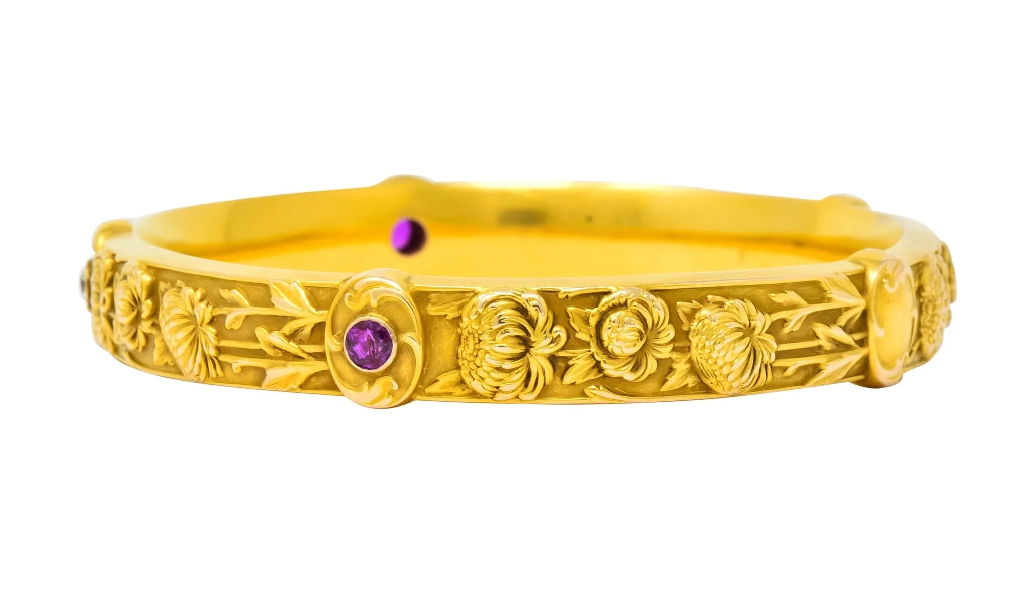 Riker Brothers Art Nouveau Diamond Ruby 14K Gold Floral Bangle Bracelet