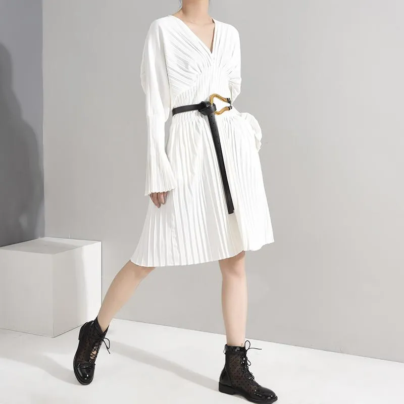 Sakiya Pleated Long Sleeve Shirt Dress - White