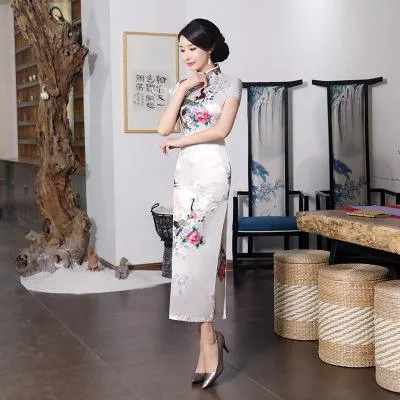 Satin Daily Casual Dress New Long Qipao Print Flower Chinese Cheongsam