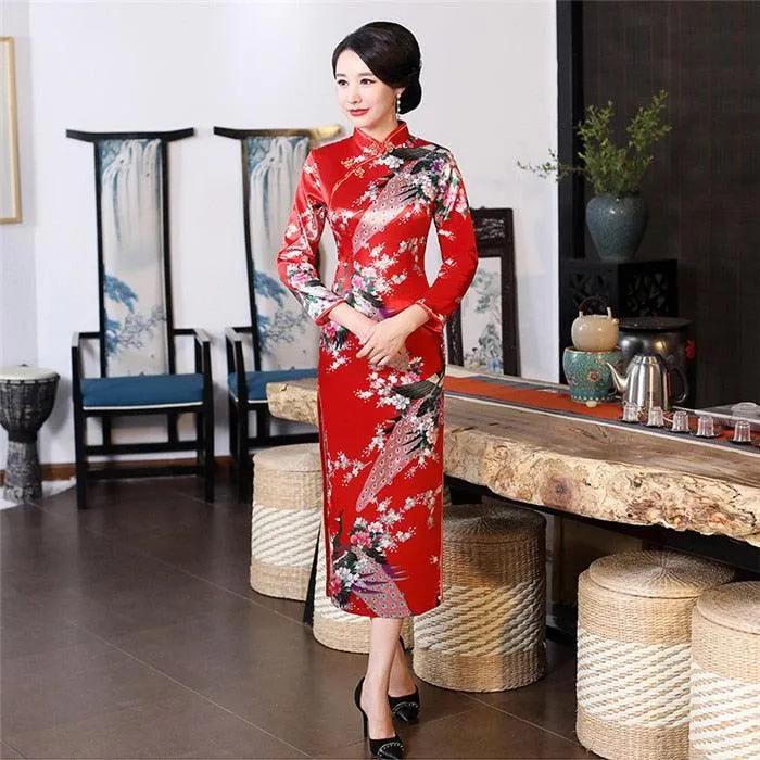 Satin Daily Casual Dress New Long Qipao Print Flower Chinese Cheongsam