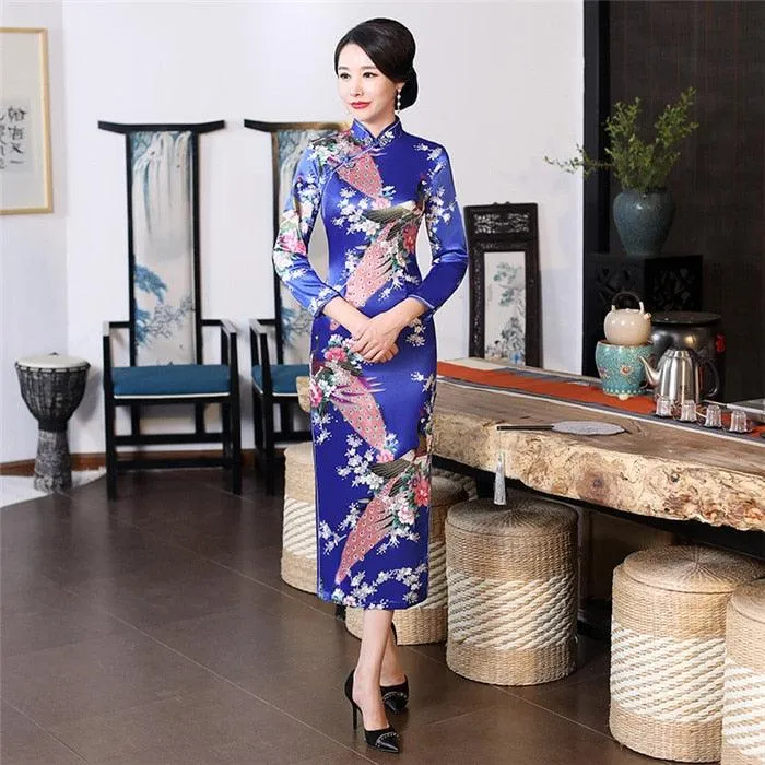 Satin Daily Casual Dress New Long Qipao Print Flower Chinese Cheongsam