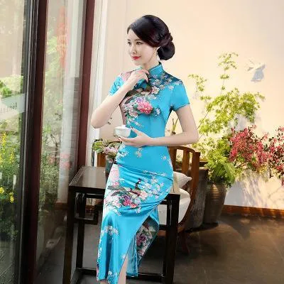 Satin Daily Casual Dress New Long Qipao Print Flower Chinese Cheongsam