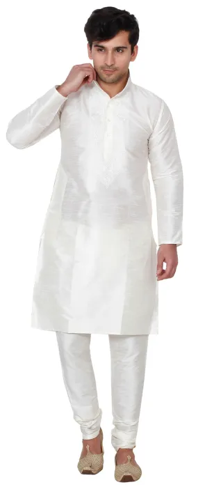 Silk Embroidered Kurta Pajama India Clothing, Off-White