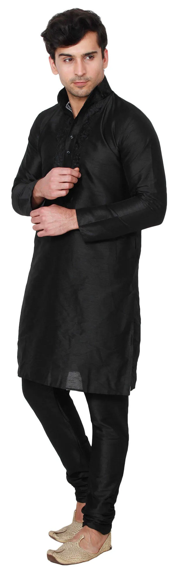 Silk Embroidered Mens Kurta Pajama India Clothing (Black)