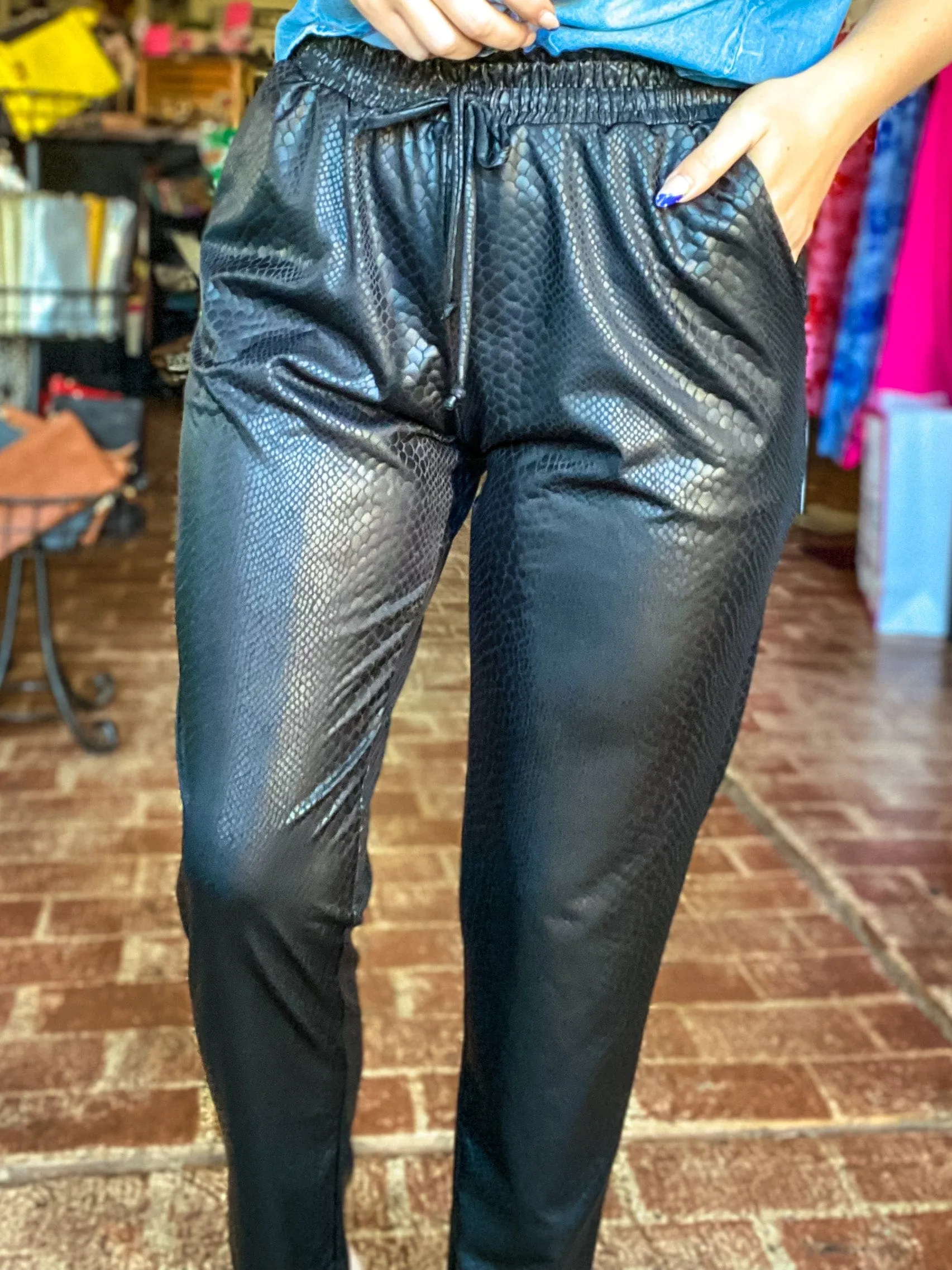 Snake Print Faux Leather Joggers - Selene