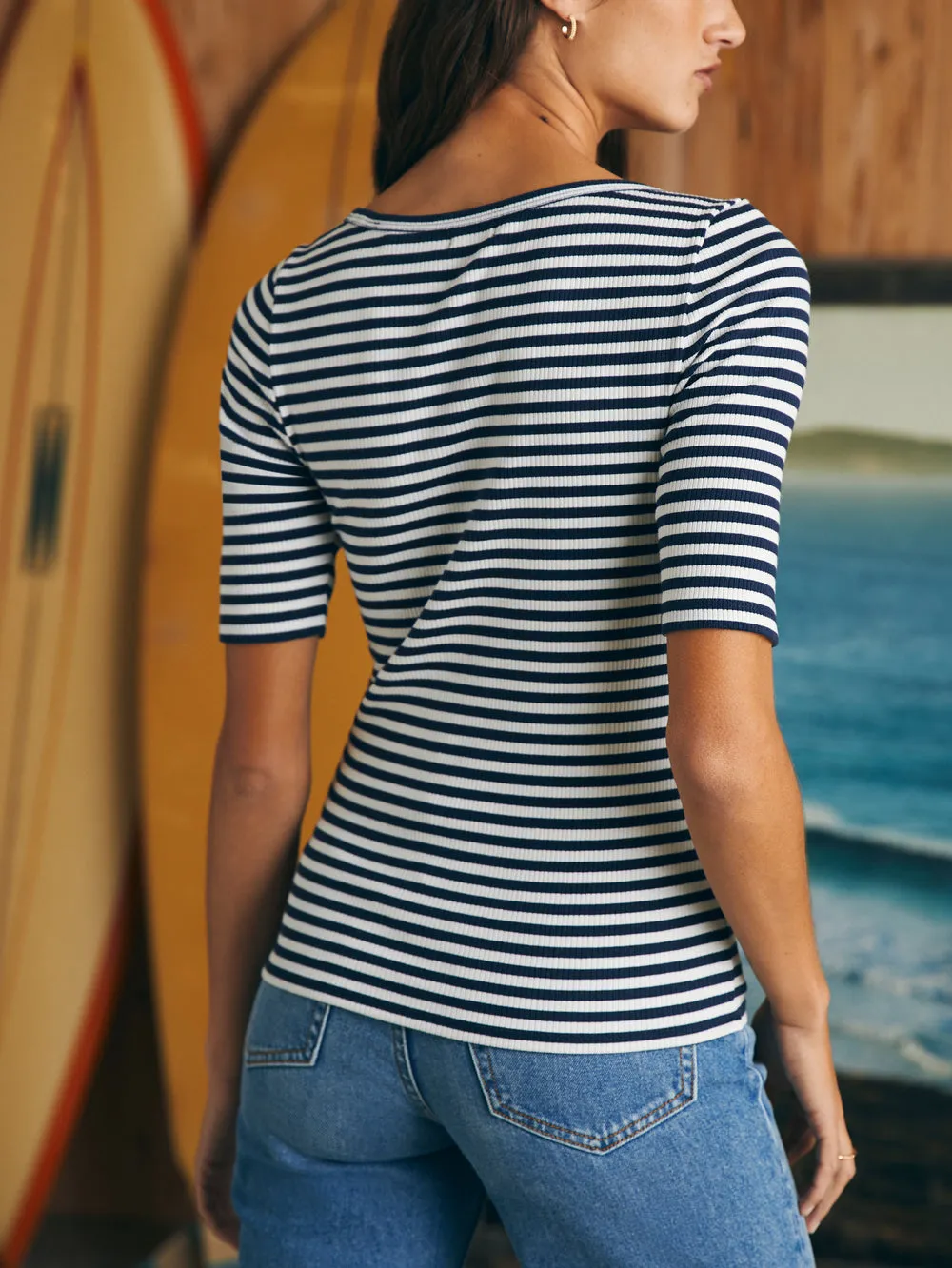 Striped Rib Knit Tee in Navy - Shop Now