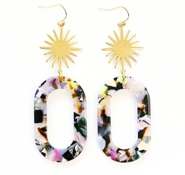 Sunburst Acetate Multi Colored Tortoise Shell Opal Hoop Dangle Earrings