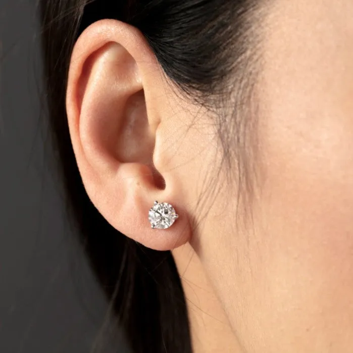 Three Prong Stud Earrings with Hearts on Fire