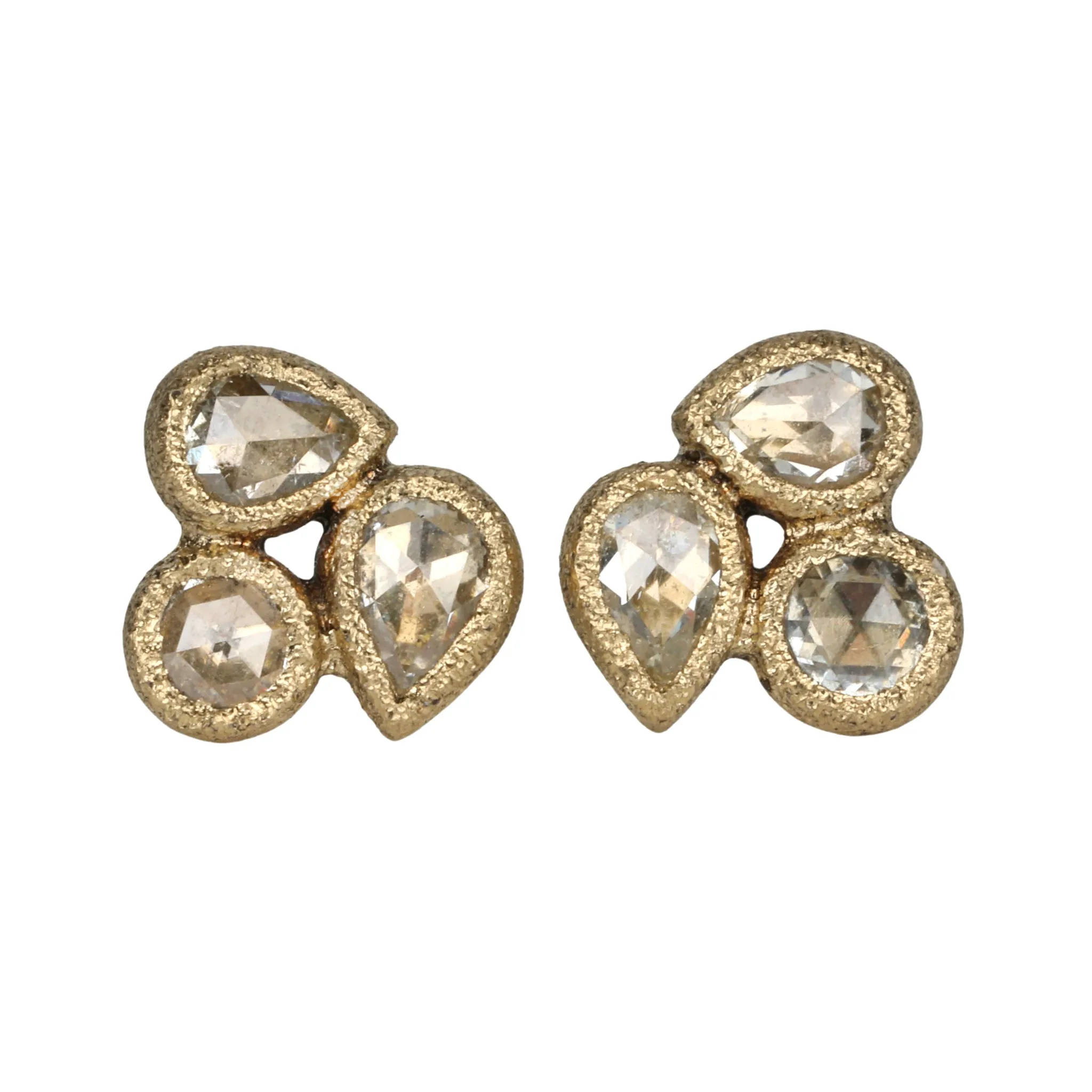 Triple Rose Cut Diamond Cluster Studs with Textured Bezel Setting