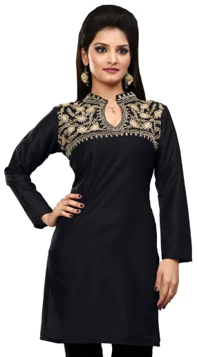 Tunic Top Short Kurti Women's Embroidered Indian Clothing, Black.