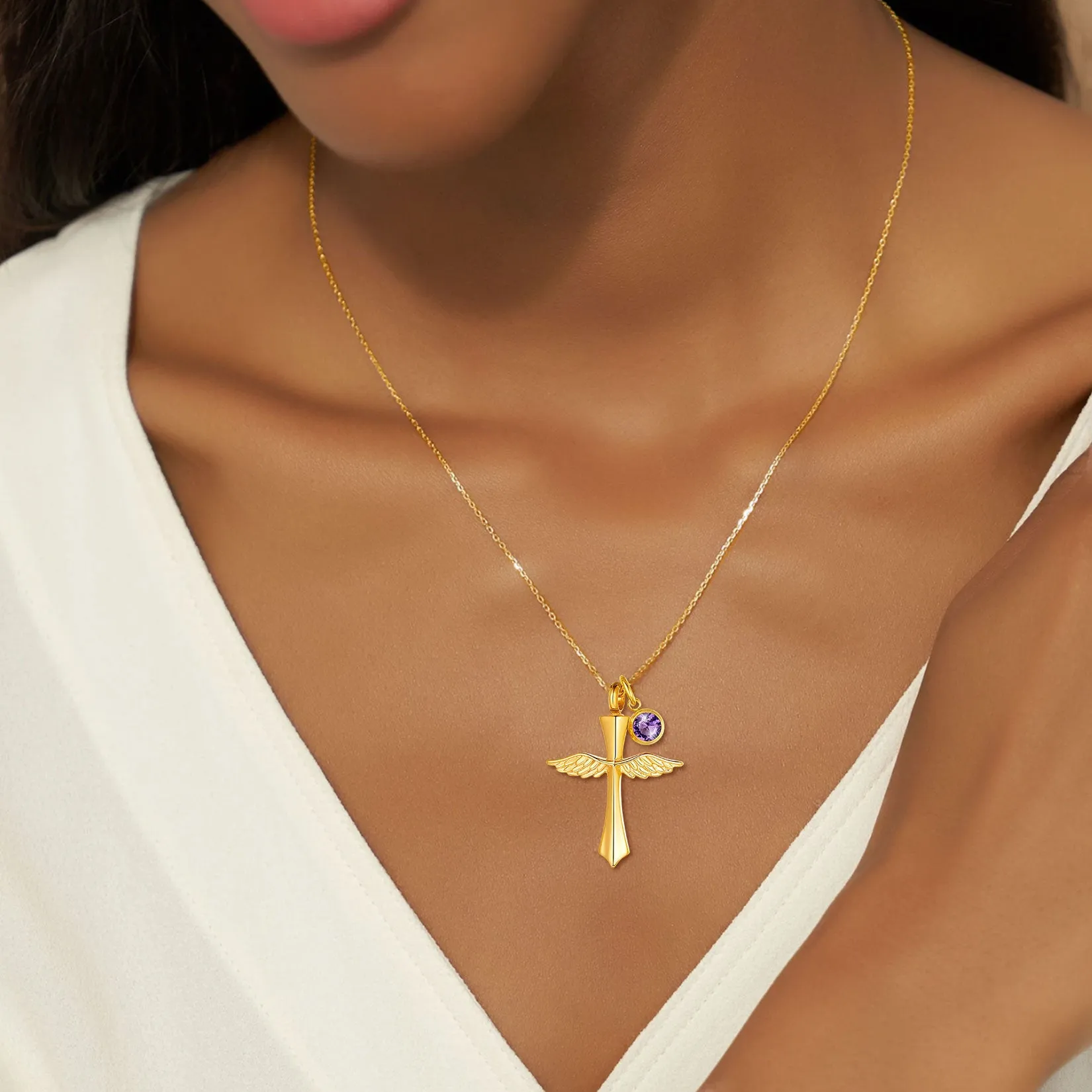 U7 Jewelry Birthstone Angel Wing Cross Cremation Necklace For Ashes