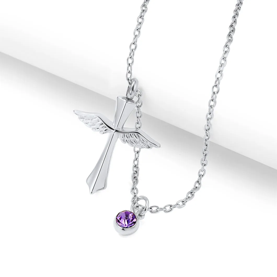 U7 Jewelry Birthstone Angel Wing Cross Cremation Necklace For Ashes